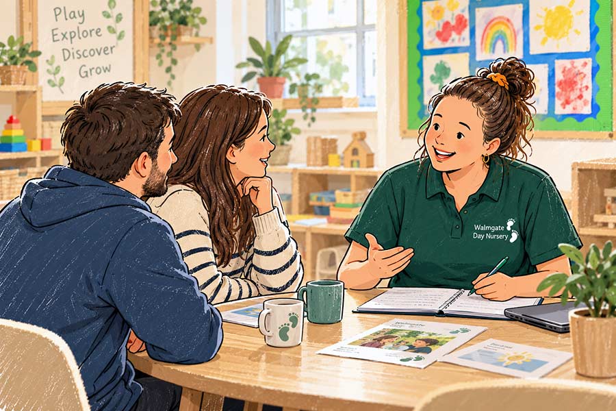Parents asking a nursery practitioner questions during a nursery visit